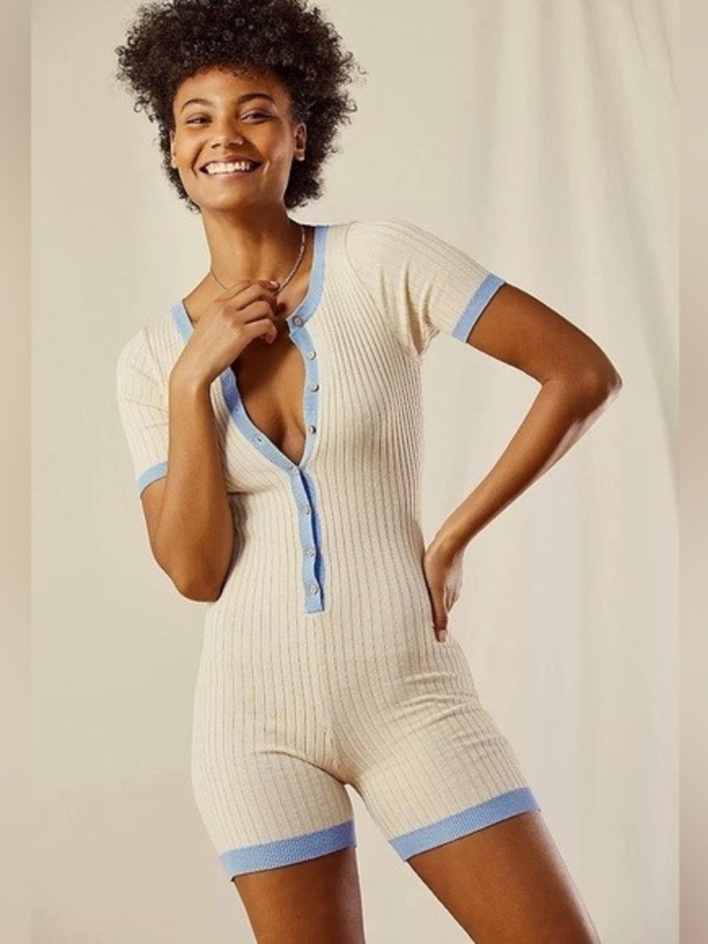 Free People Tennis Time Onesie XS-S Ribbed Knit Romper Beige Cream